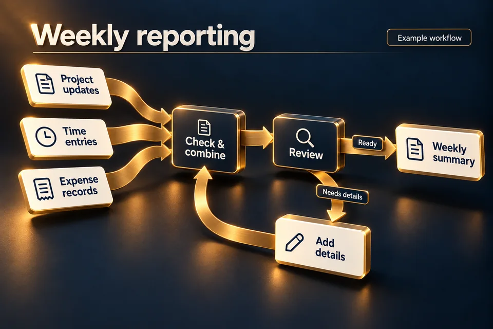 Concept rendering of a weekly-reporting workflow map: three inputs combine, pass through review, and either become a summary or loop back for more details