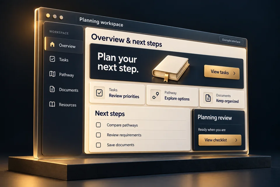 Concept rendering of a custom planning workspace with navigation, summary cards, and a next-step checklist, using fictional sample content