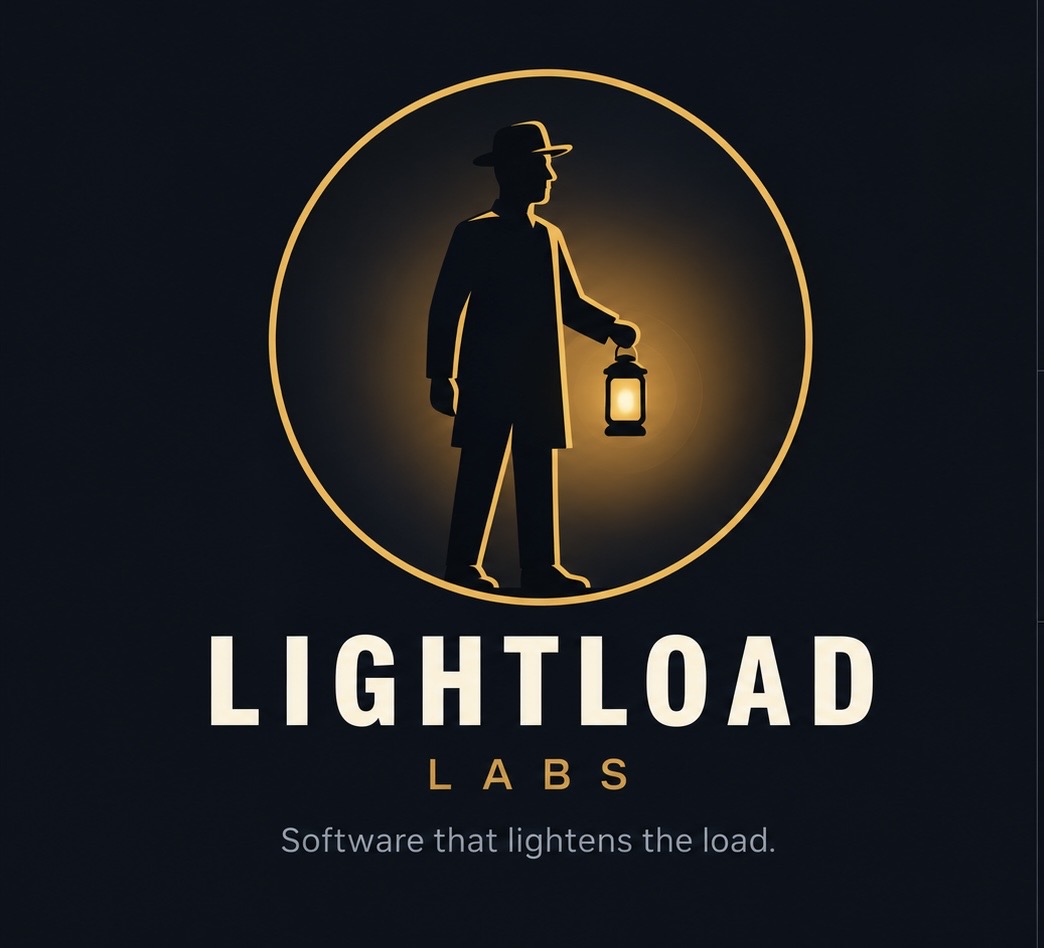 Lightload Labs. Software that lightens the load. Official logo featuring a lantern-bearing figure in a gold circle.